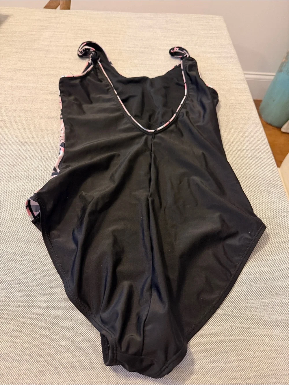 Black One-Piece Swim Suit with Pink Leaf Panels